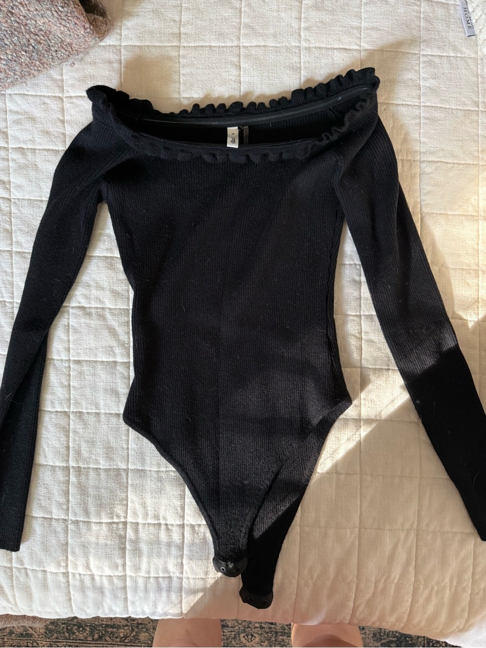 Black Ruffle Off-Shoulder One-Piece Bodysuit
